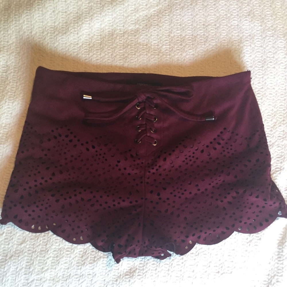 Forever 21 Maroon Faux Suede Laser Cutout Shorts